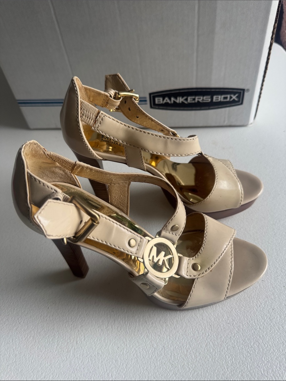 Michael Kors Nude Beige Leather Logo Strap Heels